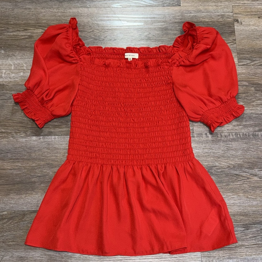 Max Studio Vibrant Red Blouse Womens Medium Fully Smocked Bodice Puff Sleeves